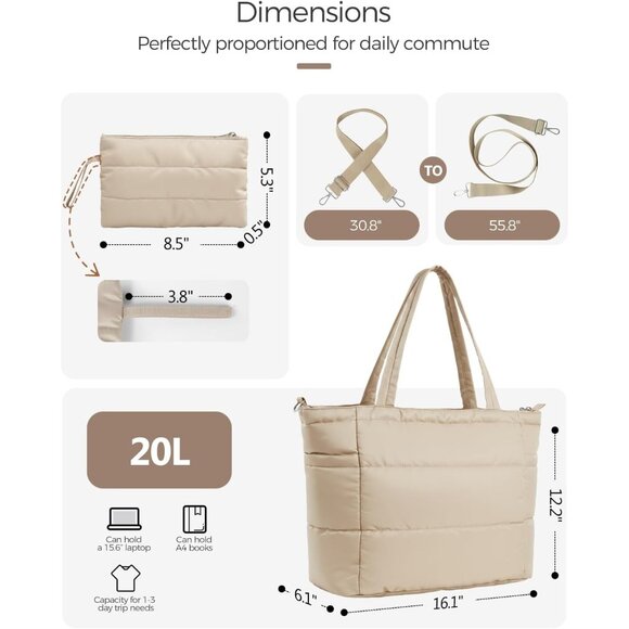 Chic Lightweight Puffer Tote Bag with Zipper - Ultimate 3-in-1 Travel Companion - Picture 3 of 7